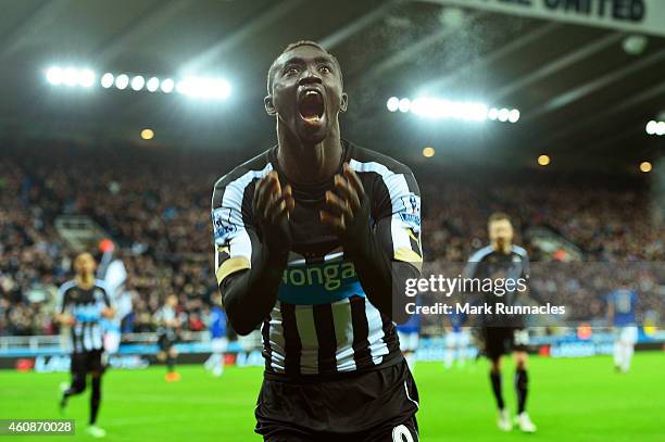 Papiss Demba Cisse of Newcastle United celebrates after scoring a goal to level the scores at 1-1 during the Barclays Premier League match between...