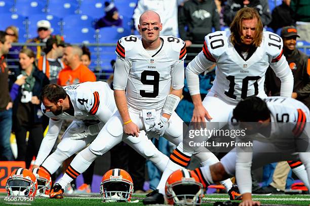 Quarterback Connor Shaw of the Cleveland Browns stretches before a game against the Baltimore Ravens at M&T Bank Stadium on December 28, 2014 in...