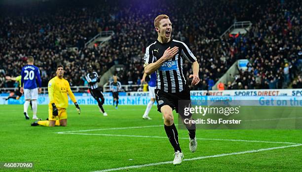 Newcastle player Jack Colback celebrates his goal during the Barclays Premier League match between Newcastle United and Everton at St James' Park on...