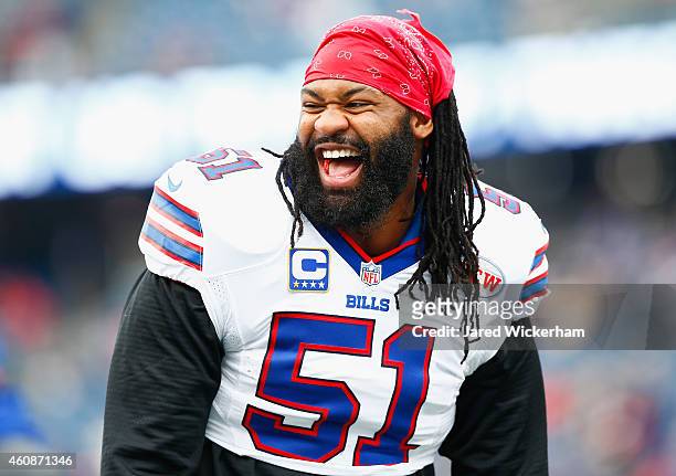 Brandon Spikes of the Buffalo Bills warms up before a game against the New England Patriots at Gillette Stadium on December 28, 2014 in Foxboro,...