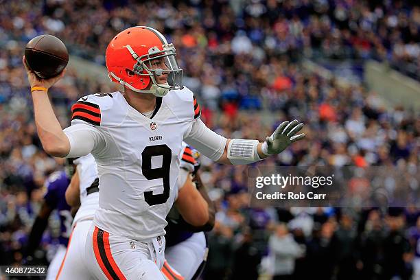 Quarterback Connor Shaw of the Cleveland Browns thows a pass in the second quarter of a game against the Baltimore Ravens at M&T Bank Stadium on...