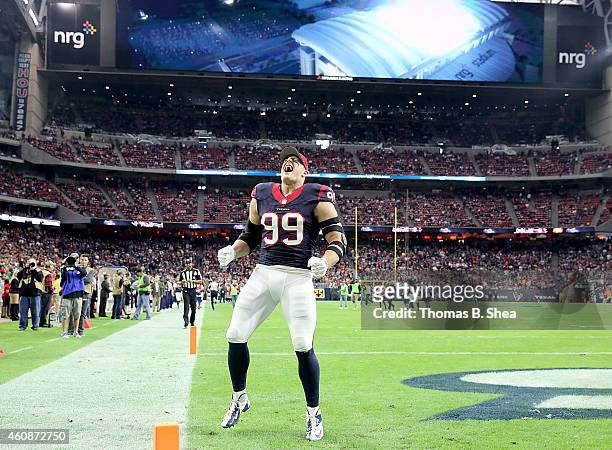 Watt of the Houston Texans screams before playing the Jacksonville Jaguars in a NFL game on December 28, 2014 at NRG Stadium in Houston, Texas.