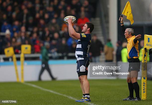 Marc Jones of Sale Sharks takes a line out during the Aviva Premiership match between Sale Sharks and Leicester Tigers at AJ Bell Stadium on December...