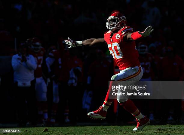 Outside linebacker Justin Houston of the Kansas City Chiefs reacts after sacking quarterback Philip Rivers of the San Diego Chargers during the first...
