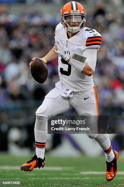 Quarterback Connor Shaw of the Cleveland Browns scrambles in the second quarter of a game against the Baltimore Ravens at M&T Bank Stadium on...