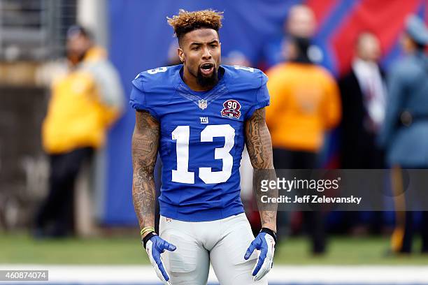 Odell Beckham of the New York Giants reacts against the Philadelphia Eagles during a game at MetLife Stadium on December 28, 2014 in East Rutherford,...