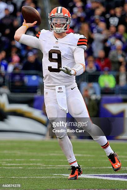 Quarterback Connor Shaw of the Cleveland Browns thows a pass in the third quarter of a game against the Baltimore Ravens at M&T Bank Stadium on...
