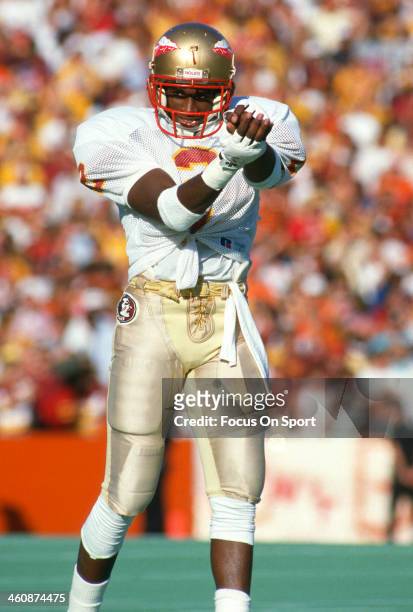Defensive back Deion Sanders of the Florida State Seminoles in action during an NCAA Football game circa 1988. Sanders attended Florida State...