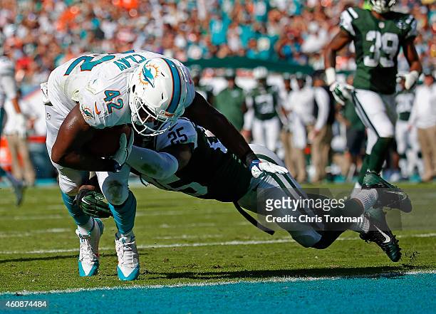 Tight end Charles Clay of the Miami Dolphins scores a touchdown in the second quarter as free safety Calvin Pryor of the New York Jets defends during...