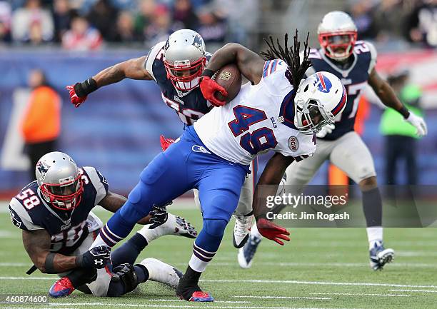 MarQueis Gray of the Buffalo Bills is tackled during the fourth quarter against the New England Patriots during the fourth quarter at Gillette...