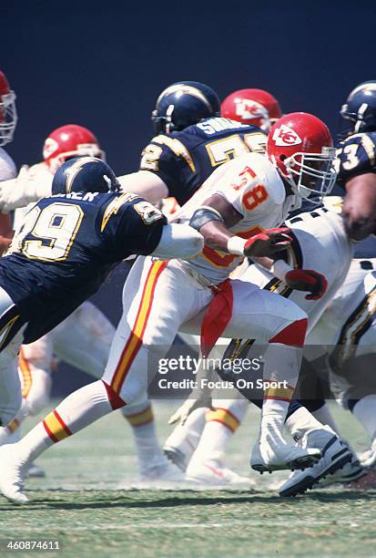 Linebacker Derrick Thomas of the Kansas City Chiefs pursues the play against the San Diego Chargers during an NFL football game October 17, 1993 at...