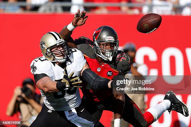 Jimmy Graham of the New Orleans Saints draws a pass interference penalty in the end zone against Orie Lemon of the Tampa Bay Buccaneers in the second...