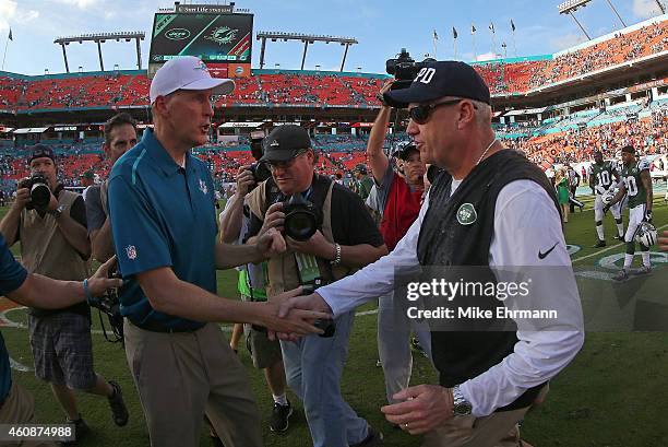 Head coach Rex Ryan of the New York Jets and head coach Joe Philbin of the Miami Dolphins shake hands following a game at Sun Life Stadium on...