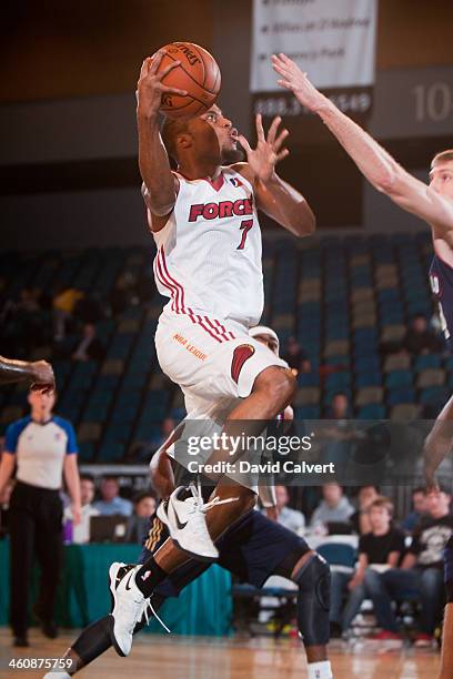 Tre Kelly of the Sioux Falls Skyforce drives to the basket against the Bakersfield Jam during the 2014 NBA D-League Showcase presented by Samsung...