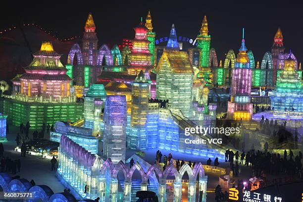 Visitors look at ice sculptures during the opening of the 30th Harbin International Ice & Snow Sculpture Festival on January 5, 2014 in Harbin,...