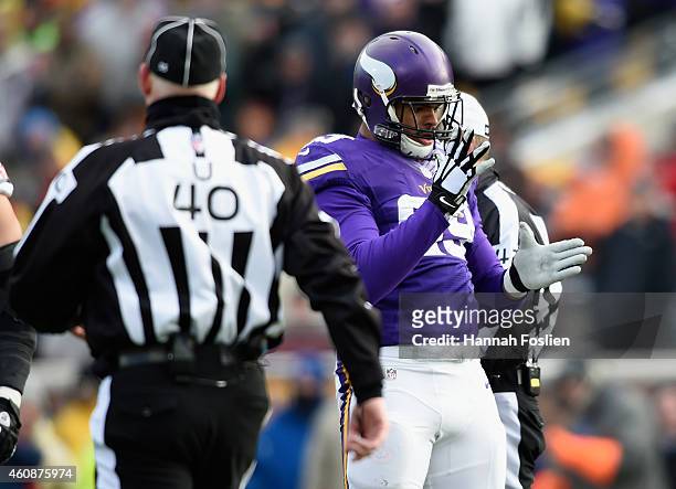 Corey Wootton of the Minnesota Vikings celebrates a sack of Jay Cutler of the Chicago Bears by doing the robot during the third quarter of the game...