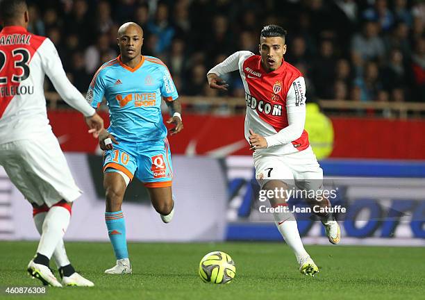 Andre Ayew of OM and Nabil Dirar of Monaco in action during the French Ligue 1 match between AS Monaco FC v Olympique de Marseille OM at Stade Louis...