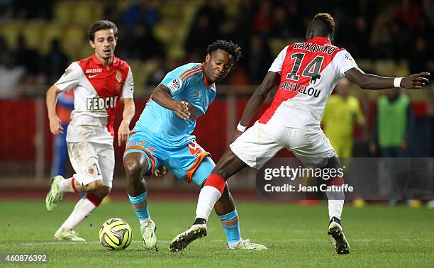 Michy Batshuayi of OM in action during the French Ligue 1 match between AS Monaco FC v Olympique de Marseille OM at Stade Louis II on December 14,...