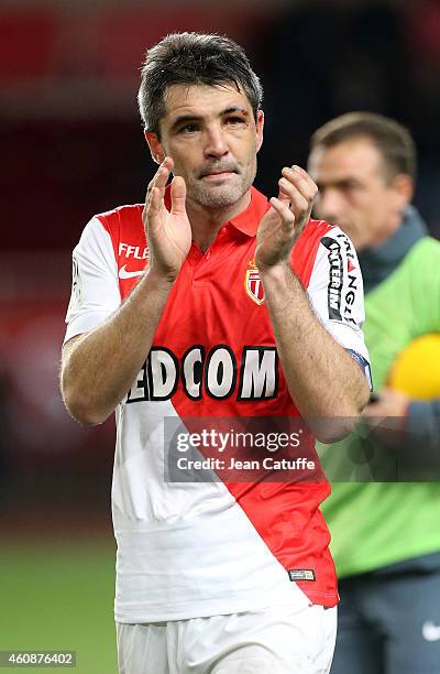 Jeremy Toulalan of Monaco thanks the supporters at the end of the French Ligue 1 match between AS Monaco FC v Olympique de Marseille OM at Stade...