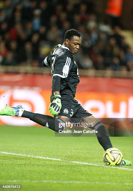 Goalkeeper of OM Steve Mandanda in action during the French Ligue 1 match between AS Monaco FC v Olympique de Marseille OM at Stade Louis II on...