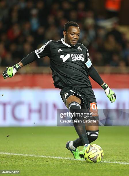 Goalkeeper of OM Steve Mandanda in action during the French Ligue 1 match between AS Monaco FC v Olympique de Marseille OM at Stade Louis II on...