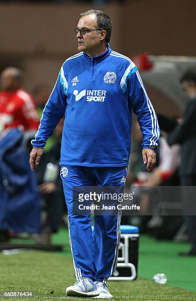 Head coach of OM Marcelo Bielsa looks on during the French Ligue 1 match between AS Monaco FC v Olympique de Marseille OM at Stade Louis II on...