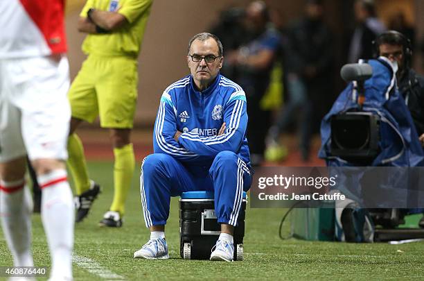 Head coach of OM Marcelo Bielsa looks on during the French Ligue 1 match between AS Monaco FC v Olympique de Marseille OM at Stade Louis II on...