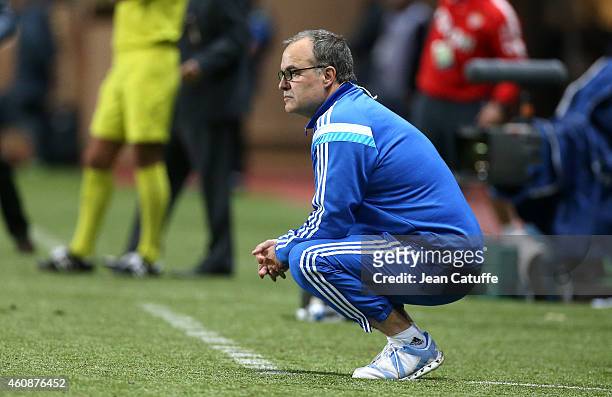 Head coach of OM Marcelo Bielsa looks on during the French Ligue 1 match between AS Monaco FC v Olympique de Marseille OM at Stade Louis II on...