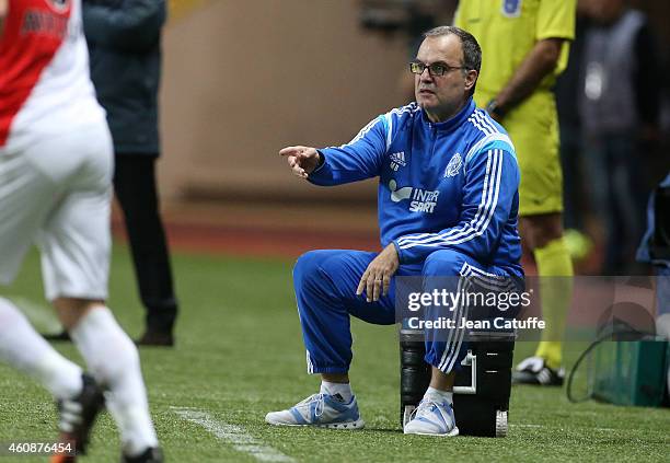 Head coach of OM Marcelo Bielsa looks on during the French Ligue 1 match between AS Monaco FC v Olympique de Marseille OM at Stade Louis II on...