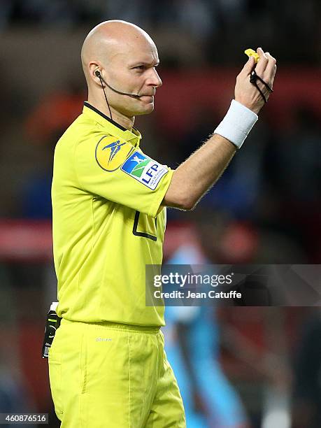 Referee Tony Chapron in action during the French Ligue 1 match between AS Monaco FC v Olympique de Marseille OM at Stade Louis II on December 14,...