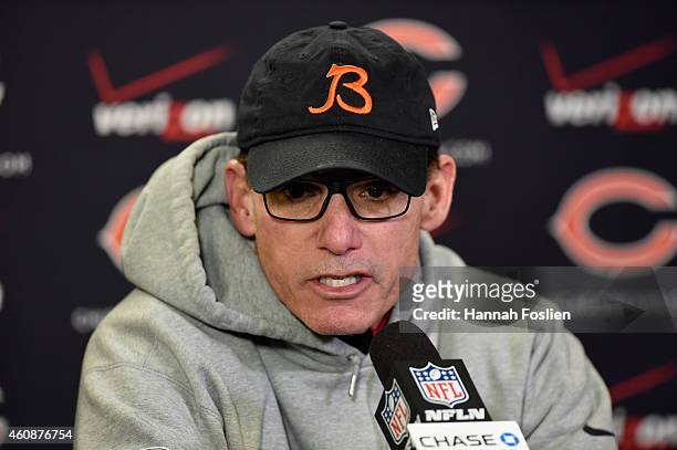 Head coach Marc Trestman of the Chicago Bears speaks to the media after the game against the Minnesota Vikings on December 28, 2014 at TCF Bank...