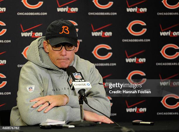 Head coach Marc Trestman of the Chicago Bears speaks to the media after the game against the Minnesota Vikings on December 28, 2014 at TCF Bank...