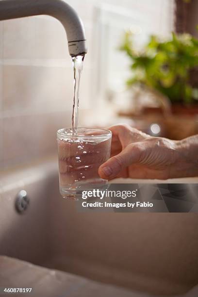 filling glass of water - faucet stock-fotos und bilder