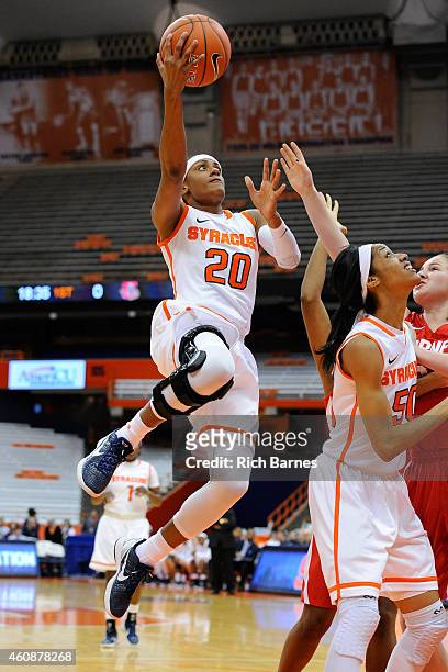 Brittney Sykes of the Syracuse Orange drives to the basket for a shot against the Cornell Big Red during the first half at the Carrier Dome on...