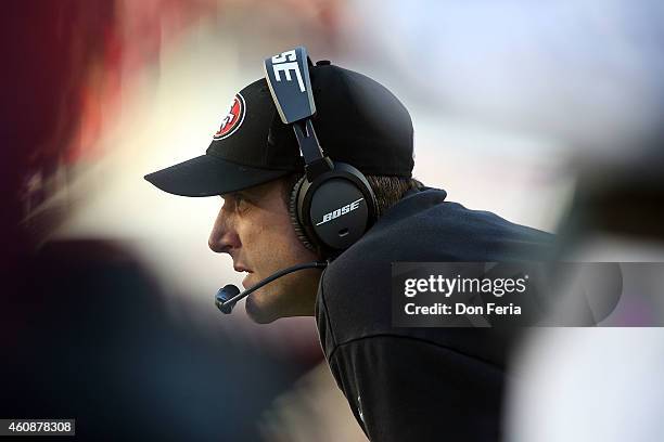 Head coach Jim Harbaugh of the San Francisco 49ers watches the action on the field in the third quarter against the Arizona Cardinals at Levi's...