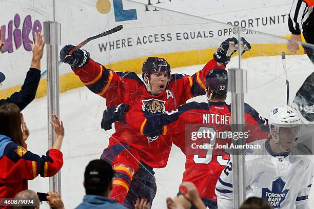 Scottie Upshall of the Florida Panthers celebrates after scoring the final goal of the game against the Toronto Maple Leafs at the BB&T Center on...