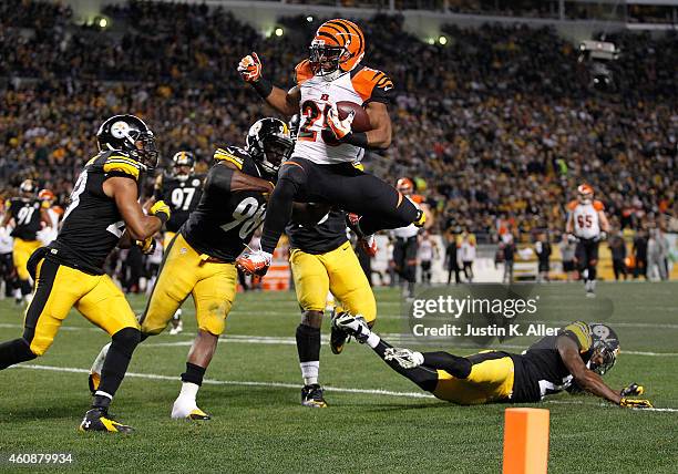 Giovani Bernard of the Cincinnati Bengals hurdles over William Gay of the Pittsburgh Steelers and scores a touchdown during the first quarter at...