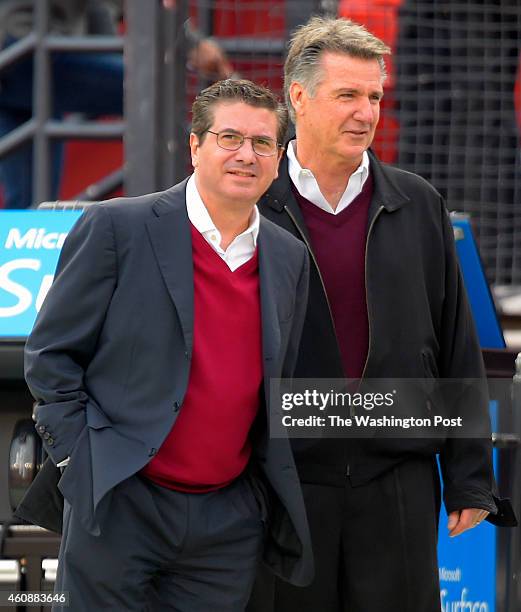 Redskins owner Dan Snyder, left, and GM Bruce Allen before the Dallas Cowboys play the Washington Redskins at FedEx Field in Landover MD, December...