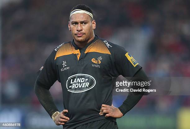 Nathan Hughes of Wasps looks on during the Aviva Premiership match between Gloucester and Wasps at Kingsholm Stadium on December 28, 2014 in...