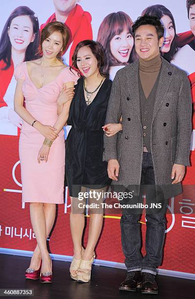 Kim Yu-Mi, Eugene and Uhm Tae-Woong pose for photographs during the JTBC drama 'Can We Love?' press conference at Dongdaemun Megabox on January 2,...