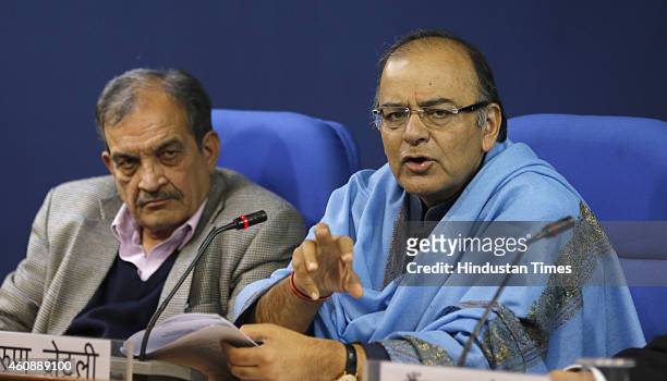Union Finance Minister Arun Jaitley along with Union Rural Development and Panchayati Raj Birender Singh addressing a press conference after a...