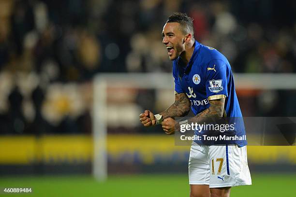 Danny Simpson of Leicester City celebrates to the fans after the Barclays Premier League match between Hull City and Leicester City at KC Stadium on...