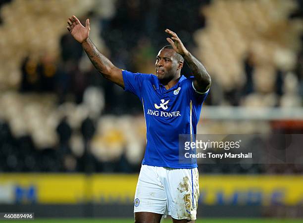 Wes Morgan of Leicester City appluads the fans after the Barclays Premier League match between Hull City and Leicester City at KC Stadium on December...