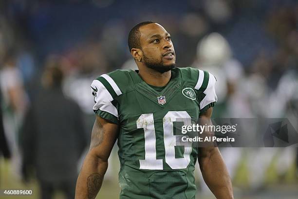 Wide Receiver Percy Harvin of the New York Jets follows the action against the Tennessee Titans at LP Field on December 14, 2014 in Nashville,...