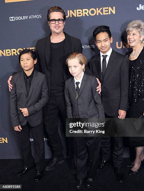 Pax Thien Jolie-Pitt, Shiloh Nouve Jolie-Pitt, actor Brad Pitt, Maddox Jolie Pitt and Jane Pitt attend the premiere of 'Unbroken' at TCL Chinese...