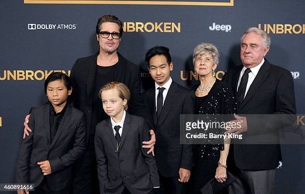 Pax Thien Jolie-Pitt, Shiloh Nouve Jolie-Pitt, actor Brad Pitt, Maddox Jolie Pitt, Jane Pitt and William Pitt attend the premiere of 'Unbroken' at...