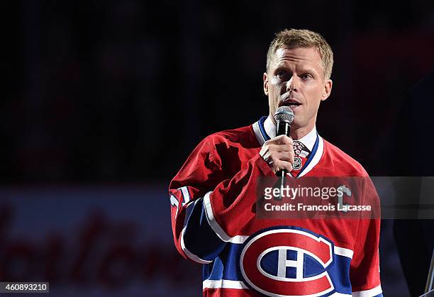 Saku Koivu during pre-game ceremony being held to honour his on and off-ice achievements over the course of an 18-year NHL playing career, prior to...