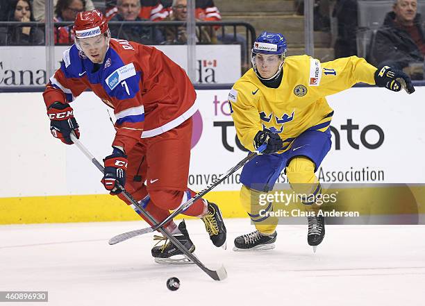 Rushan Rafikov of Team Russia tries to control a puck in front of Anton Blidh of Team Sweden in a 2015 IIHF World Junior Championship game at the Air...