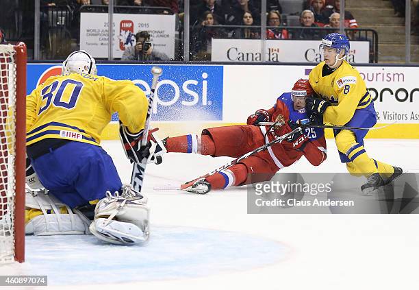 Alexander Dergachyov of Team Russia is brought down by Gustav Forsling of Team Sweden before he could get a shot away in a 2015 IIHF World Junior...