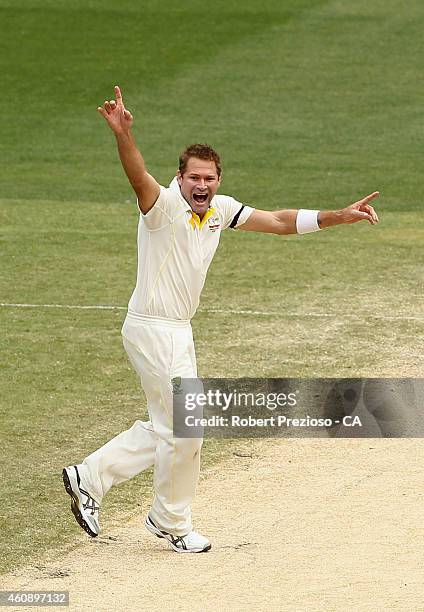 Ryan Harris of Australia appeals successfully for the wicket of Shikhar Dhawan of India during day five of the Third Test match between Australia and...